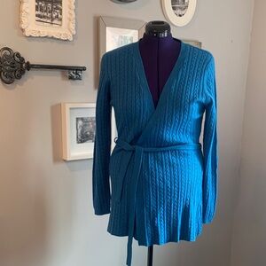 Blue Cable Knit Wrap Sweater